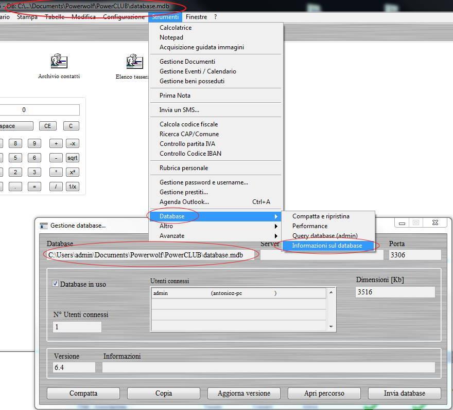 3. Cartella in cui è memorizzato il database Per conoscere la cartella e il file con il database che si sta adoperando è sufficiente eseguire il software e controllare il titolo della finestra