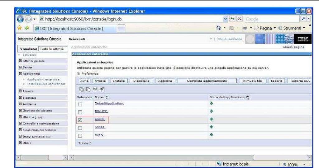 4. Selezionare nuovamente l applicazione acgv4 e premere il pulsante aggiorna. Viene così visualizzata una pagina che consente di aggiornare i file dell'applicazione distribuiti nella cella.