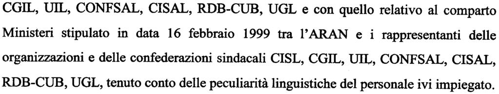- CGIL, UIL, CONFSAL, CISAL, RDB-CUB, UGL e con quello relativo al compatto Ministeri stipulato in data 16 febbraio 1999 tra l' ARAN e i rappresentanti delle organizzazioni e delle confederazioni