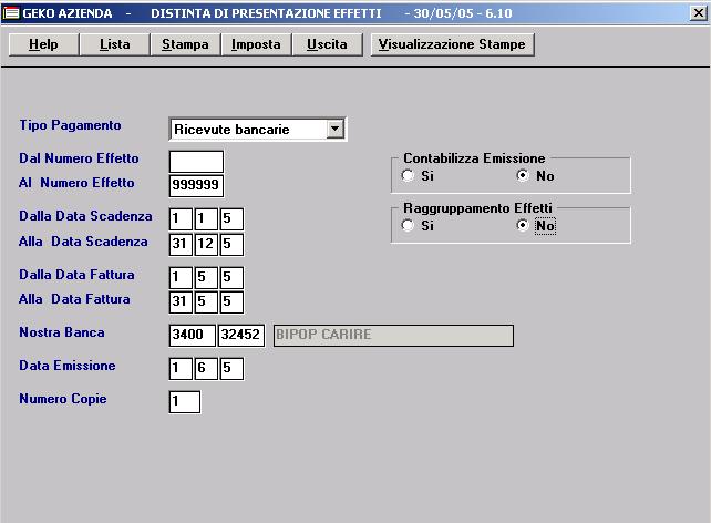 - Dal Numero Effetto / Al Numero Effetto: indicare l intervallo dei numeri effetto da stampare (numero effetto = numero che assegna il gestionale in automatico all effetto da presentare).