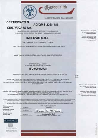 INSERVIO ha ottenuto la certificazione ISO 9001:2008 del proprio sistema di gestione qualità aziendale per