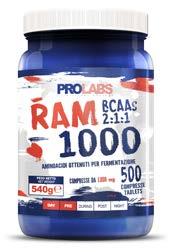 RAM 1000 (BCAA 2:1:1) Aminoacidi ramificati per gli sportivi Aminoacidi ottenuti mediante fermentazione, non contiene ingredienti di origine animale 1000 mg con rapporto bilanciato 2:1:1 (L-Leucina;