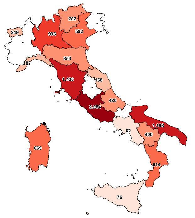 N CAMERE TRANSATE PER MACROAREA 2017 LOMBARDIA 996 VENETO 592 EMILIA ROMAGNA 353 TRENTINO ALTO ADIGE 252 VAL D'AOSTA 249 LIGURIA 187 LAZIO 2.084 TOSCANA 1.430 MARCHE 168 PUGLIA 1.