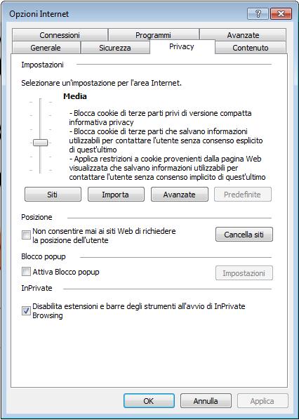 3. Visualizzazione Corso Nella finestra Opzioni Internet, aprire la scheda Privacy e accertarsi che non vi sia alcuna