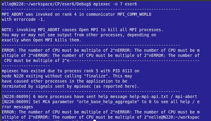 Il tempo d esecuzione dell algoritmo in parallelo. Una possibile situazione d errore si verifica quando lanciamo il programma su un numero di CPU che non è un multiplo di 2 n : Figura 2.