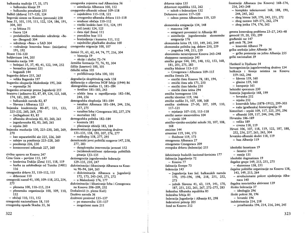 balkanska tradicija 17, 33, 171 - balkansko klanje 59 - balkansko ponašanje 255 Balšići (država) 117-120,124 begovski sistem na Kosovu (povratak) 258 besa 51, 101, 110, 111, 122, 124, 186, 191,