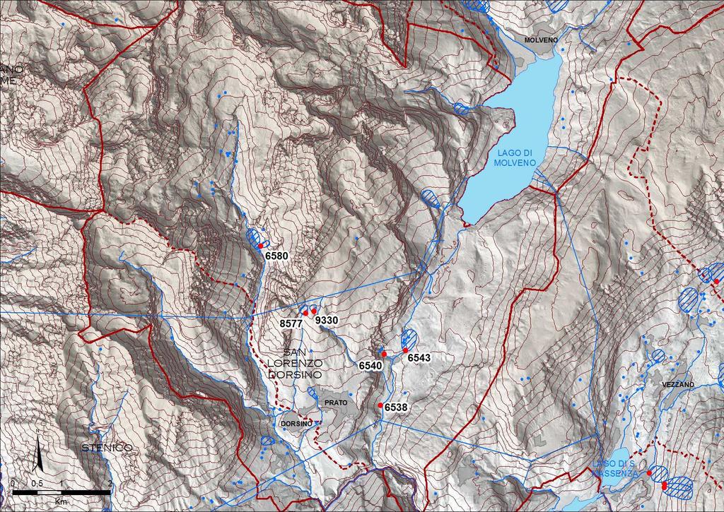 Dorsino Figura 1 : mappa con l ubicazione delle sorgenti selezionate ed analizzate (in rosso) con il codice che le caratterizza univocamente; per le sole sorgenti utilizzate a scopo potabile sono