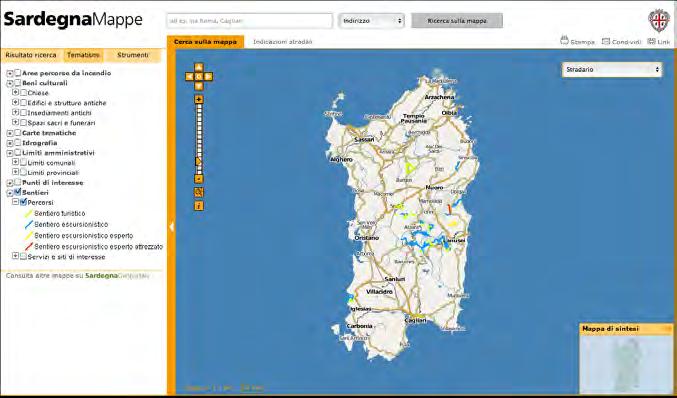 SardegnaMappe Consente la consultazione delle ortofoto e dello stradario ed integra strumenti per la ricerca di località, di indirizzi e per il calcolo di percorsi stradali in modo facile ed