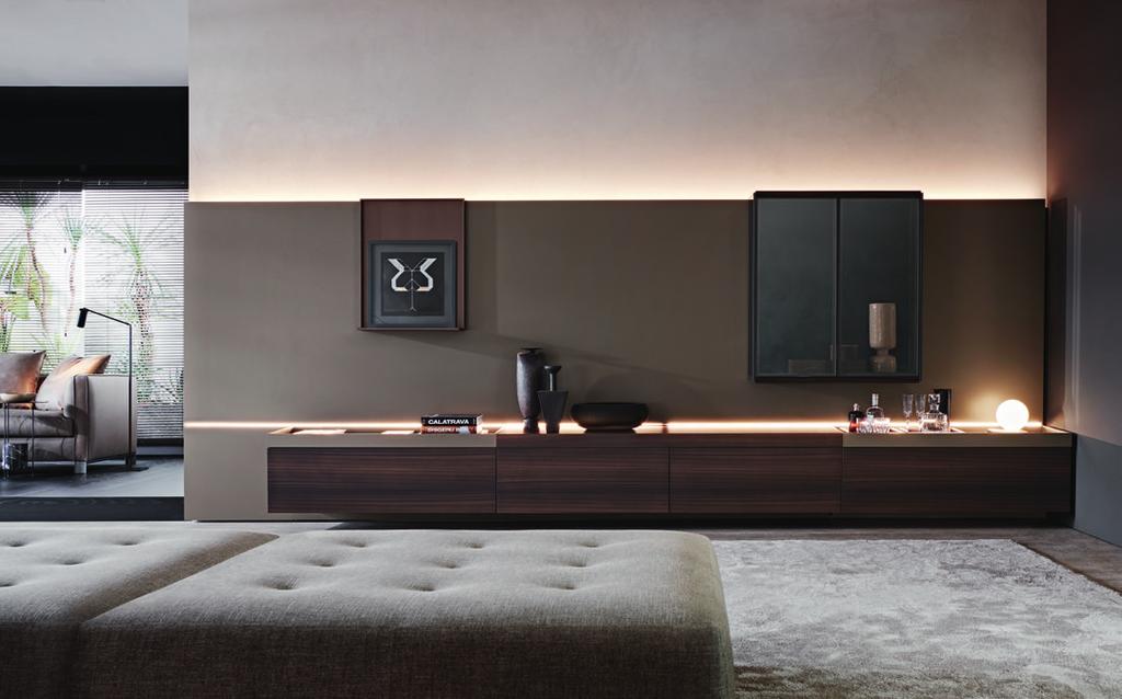 WALL PANELLING AND TRAYS DOLOMITE GREY MATT LACQUER, HANGING STANDING CONTAINERS AND SUPPORT SHELF EUCALYPTUS, GLASS CABINET BASE, TOP AND PROFILES SHOWCASE LED LIGHTING PALETTE CARPET