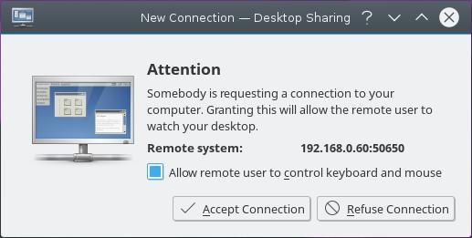 3.3 Connessione a Desktop Sharing Quando qualcuno si connette a Desktop Sharing sulla tua macchina, apparirà una finestra di notifica che assomiglia alla schermata seguente, a meno che non tu non