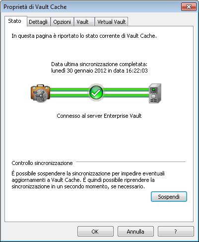 Gestione dell archiviazione con Enterprise Vault Sincronizzazione del Vault Cache 42 Per sospendere o riprendere la sincronizzazione 1 Fare clic sulla scheda File e quindi su Enterprise Vault.