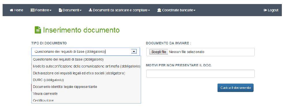 Per inserire un nuovo documento è necessario indicarne la tipologia: Figura 30: tipologia del documento che si sta inviando la data di emissione e di scadenza