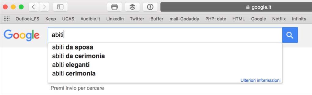 Keyword planner La prima cosa da fare è iniziare a digitare una parola nella search di Google e vedere quali sono le combinazioni consigliate.