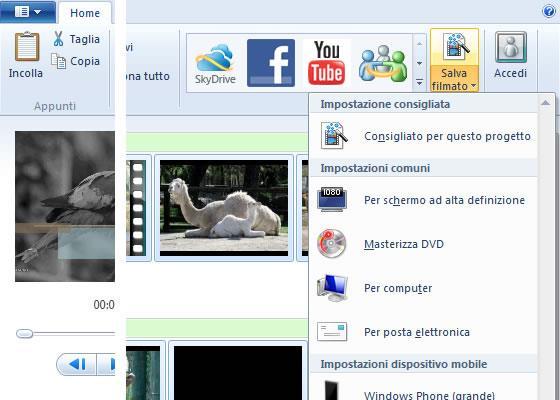 Salvare e pubblicare un filmato Dopo aver realizzato un filmato Movie Maker ne consente il salvataggio per diverse modalità di utilizzo.