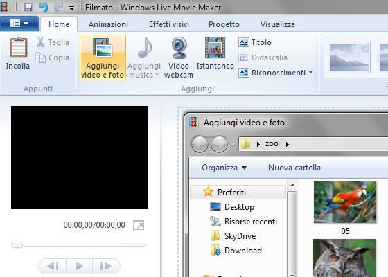 Aggiungere video e foto La prima operazione da compiere per creare un filmato è l inserimento di file video o immagini; per farlo si utilizza il