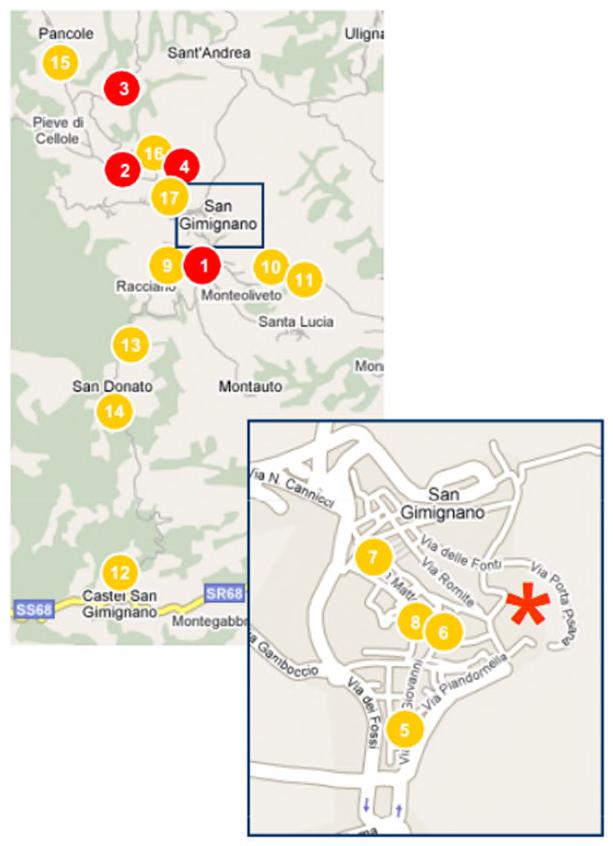 3.1 IL MERCATO IMMOBILIARE DI RIFERIMENTO 3.1.2 Analisi del comparto turistico-ricettivo San Gimignano Mappatura strutture alberghiere a San Gimignano Sono state mappate 17 strutture alberghiere, di cui 4 nel centro storico.