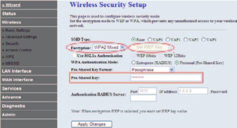 Nel menu principale, fare clic su Wireless > Sicurezza. É possibile modificare la password e il livello della sicurezza wireless.