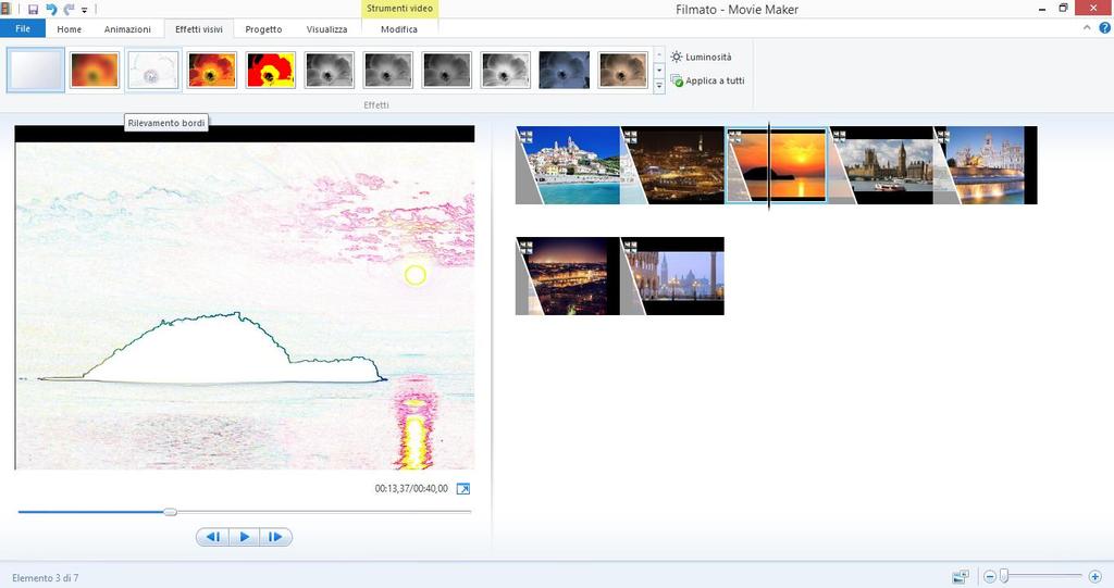 EFFETTI VISIVI Windows Live Movie Maker consente di modificare l aspetto grafico delle foto importate per rendere il video più bello e accattivante.