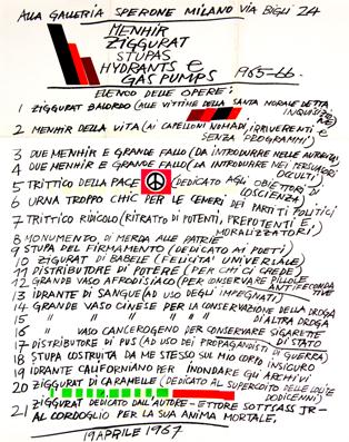 Milano, 19 Aprile 1967 [31] ETTORE SOTTSASS Menhir Ziggurat Stupas Hydrants e Gas Pumps 1965-1966 Manifesto della mostra stampato in serigrafia su carta pesante. Piegato in nove parti. Dim. 55x42 cm.