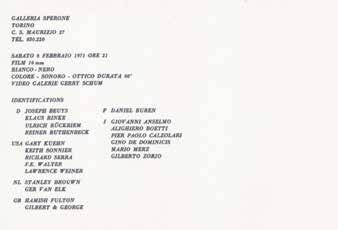 Torino, 6 Febbraio 1971 [79] GERRY SCHUM Identifications - Film 16 mm Cartoncino di invito tipografico stampato su un solo lato. Dim. 13x19 cm (Bibliografia: pag.