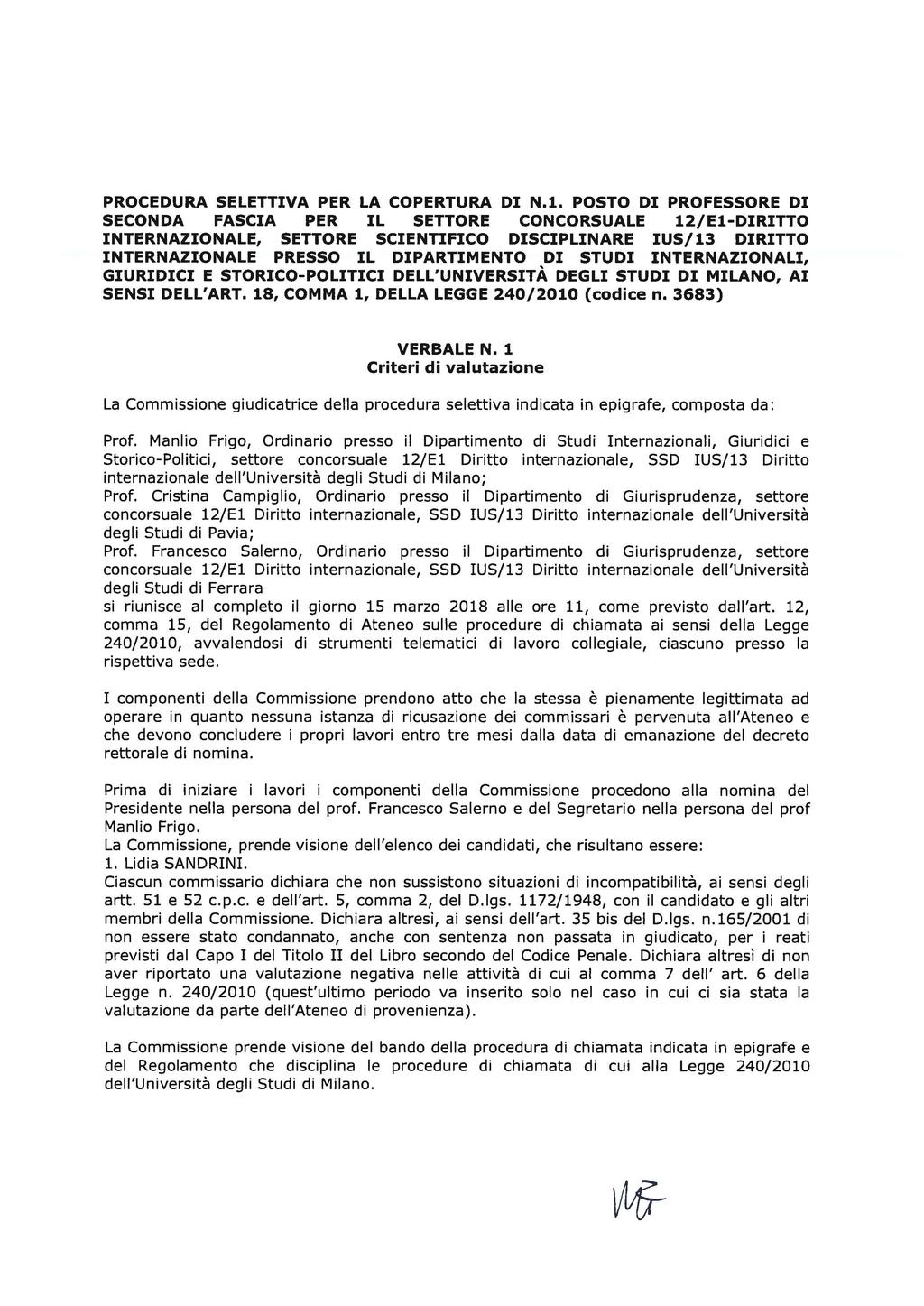 PROCEDURA SELETTIVA PER LA COPERTURA DI N.l.