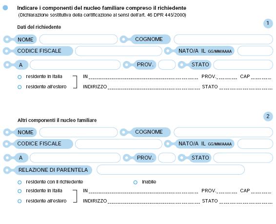 Pagina 2/8 e 3/8 Composizione nucleo familiare Compilare con i dati del richiedente gli assegni al nucleo familiare. N.B.