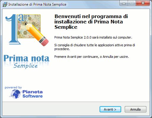 Installazione Per avviare l installazione di Prima Nota Semplice fare doppio click sul file