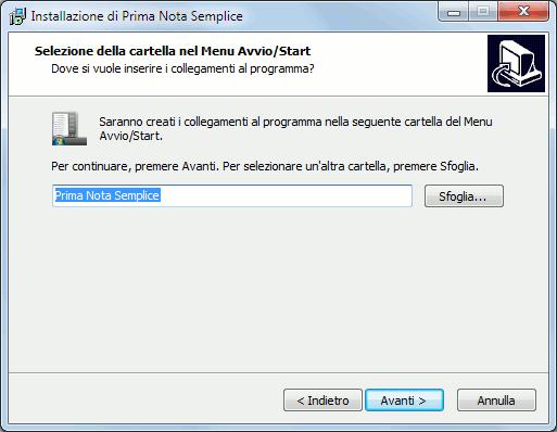 Di default il programma verrà installato nella cartella C:\Programmi\PrimaNotaSemplice\.