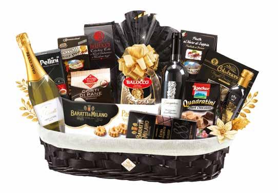 Black king Cesto ovale in vimini nero interno in tessuto Panettone senza canditi incartato a mano Balocco 500 gr Vassoio di canestrelli Baratti Milano 135 gr Tavoletta di cioccolato extra fondente