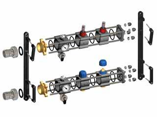 Assemblaggio - Componenti Le valvole in ottone da 1, complete di termometro e rubinetto scarico, vengono fissate ai corpi monoblocchi di mandata e ritorno tramite ghiera filettata.