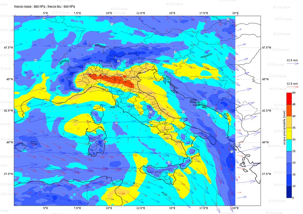 Figura 3. Mappa (da modello Cosmo-LAMI 5M) dei campi di pressione al livello medio del mare, vento a 10 m del giorno 14/07/2018 ore 12:00 UTC.