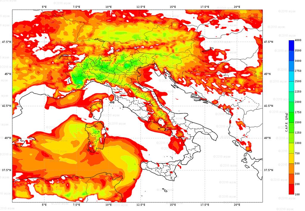 nei bassi strati espressa nel Bulk Shear (pari a 17,5 m/s), l elevato valore di CAPE sono significativi di possibili temporali localmente intensi. Figura 6.