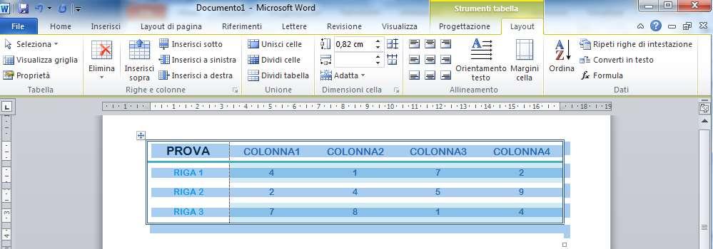 Modifica tabella: layout Scheda LAYOUT della