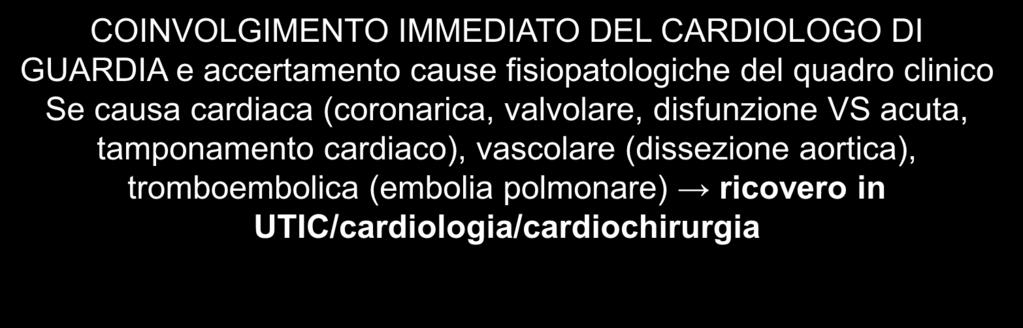 CARDIOVASCOLARE POTENZIALMENTE FATALE COINVOLGIMENTO IMMEDIATO DEL CARDIOLOGO DI GUARDIA e accertamento cause fisiopatologiche del quadro clinico Se causa cardiaca (coronarica, valvolare,