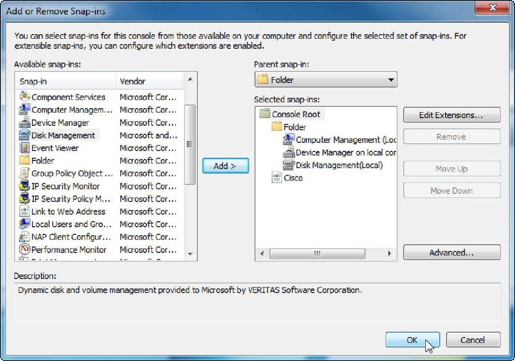 Aggiungere i seguenti snap-in: Gestione Computer, Gestione Dispositivi e Gestione Disco.
