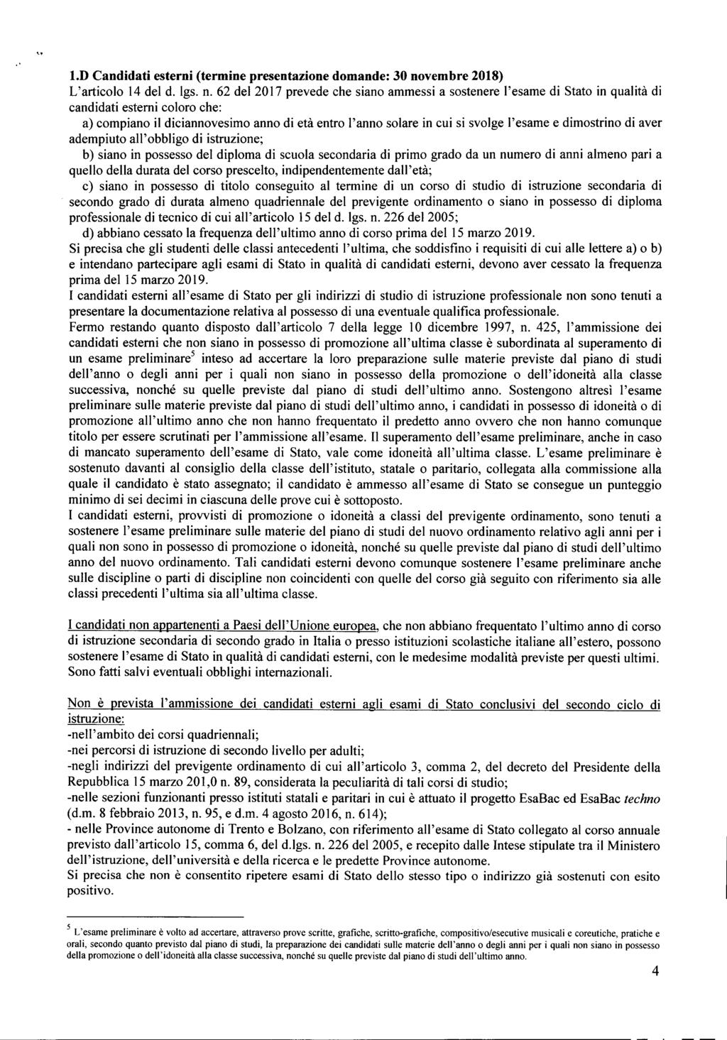 l.d Candidati esterni (termine presentazione domande: 30 no