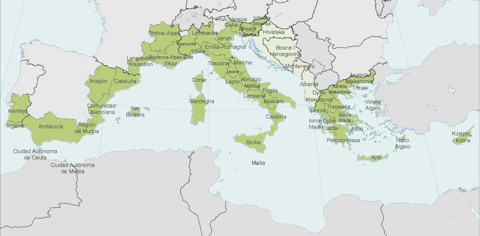 1. Territori coinvolti e obiettivi Territori eleggibili: 36 regioni appartenenti a 9 Stati diversi Cipro, Francia (7 regioni), Grecia, Italia (18 regioni), Malta,