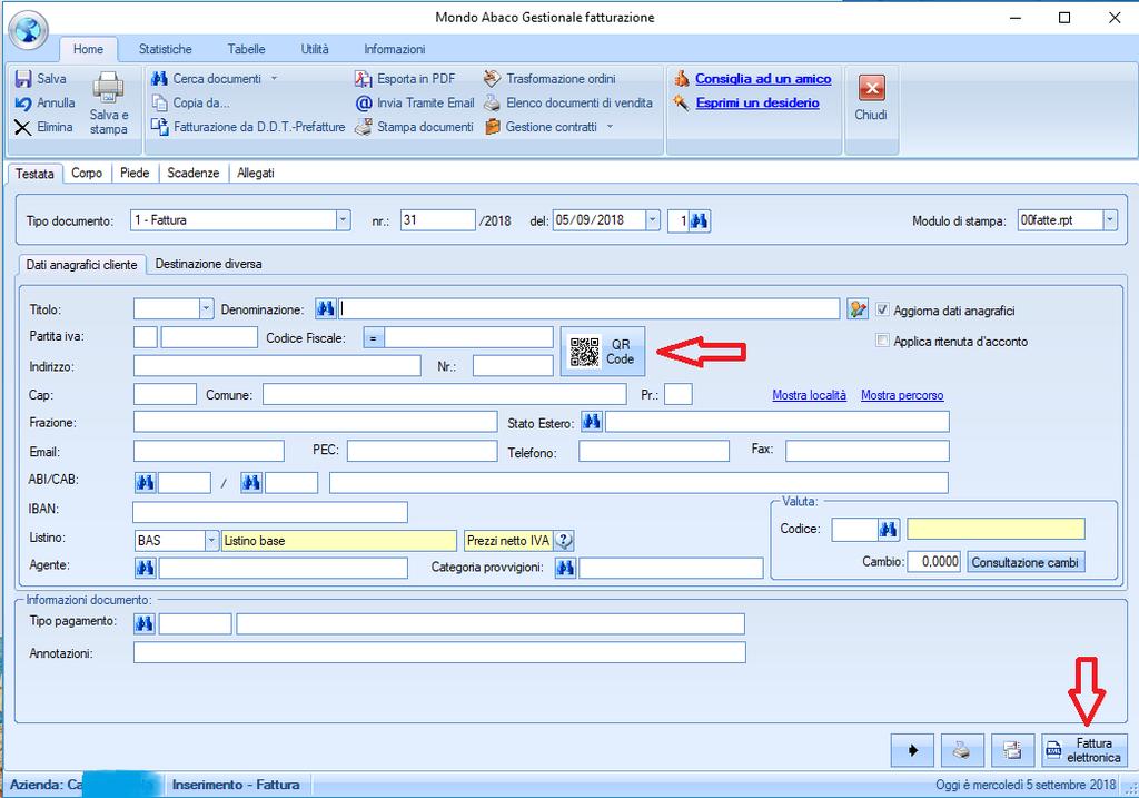 Emissioni documenti di vendita Per emettere una fattura elettronica, si procede come si è sempre fatto per emettere una fattura o fatturare un DDT; sarà Abaco a generare in automatico il file XML in