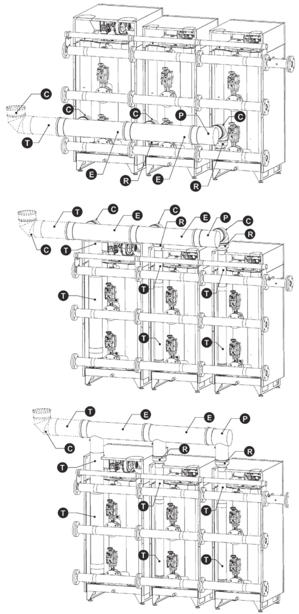 Moduli termici a gas premiscelati a condensazione Installazione in cascata (accessori collettore fumo) Collettore fumi inferiore Collettore fumi intermedio Collettore fumi superiore C.