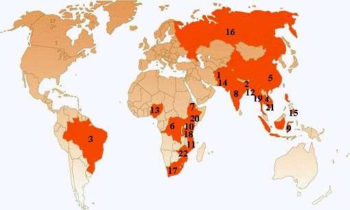 Alphabetical List of Countries: Tuberculosis in Countries The 22 countries shown on the map accounts for 81% of the TB cases in the world 1. Afghanistan 2. Bangladesh 3. Brazil 4. Cambodia 5. China 6.