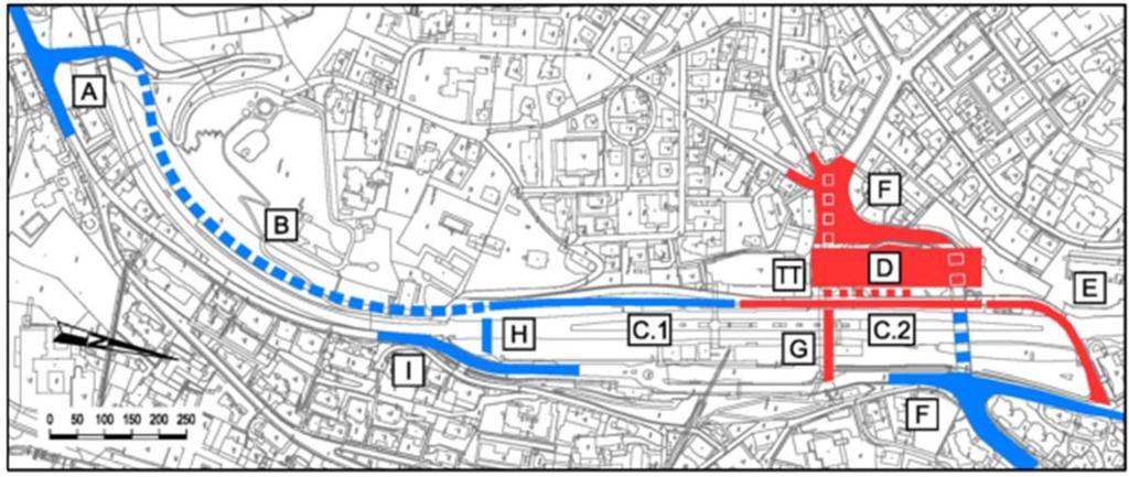 Nella figura seguente sono confrontate le ipotesi realizzative A e B: Parti di progetto: A Incrocio tra via Basilea - via Maraini B Tunnel Tassino C1 Via Basilea sud C2 Via Basilea nord D Autosilo