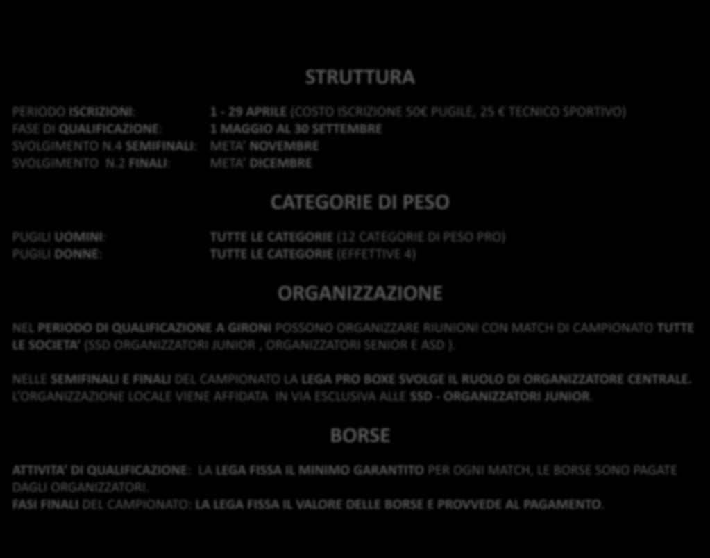 IL CAMPIONATO STRUTTURA PERIODO ISCRIZIONI: 1-29 APRILE (COSTO ISCRIZIONE 50 PUGILE, 25 TECNICO SPORTIVO) FASE DI QUALIFICAZIONE: 1 MAGGIO AL 30 SETTEMBRE SVOLGIMENTO N.