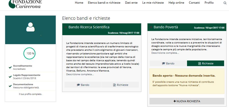 area riservata si seleziona il tab Elenco bandi e richieste