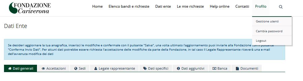 3. Inserimento di nuovi profili utenti legati all ente Nella sezione riservata dell Ente accedendo con le credenziali del Legale rappresentante è possibile creare nuovi profili utente, sotto la voce