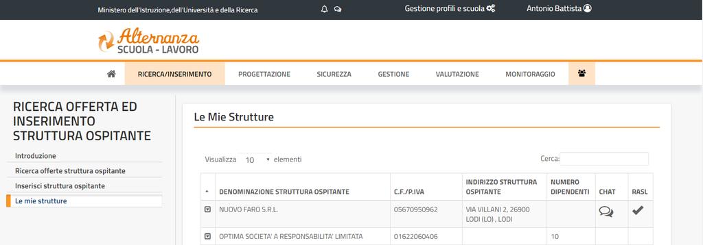 LE MIE STRUTTURE (1/2) Il menù «Le mie strutture» visulaizza l elenco completo delle Strutture Ospitanti inserite nei sistemi MIUR nelle