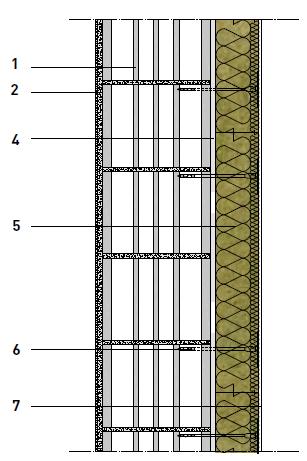 1 - Strato di REDArt Collante su intonaco sp. medio 0,5-1 cm 5 - Isolante in pannelli di lana di roccia Frontrock Max Plus sp.