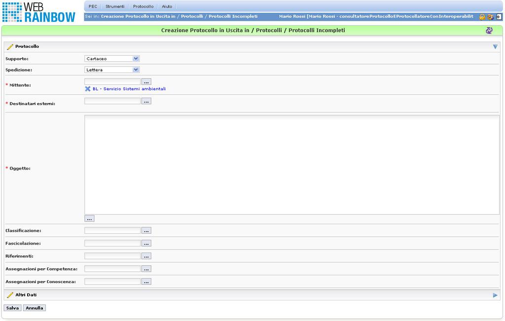 2.1.4 Inserimento di un Protocollo in Uscita Selezionando dal menù la voce Protocollo > Protocollo in Uscita, si apre questa maschera per l inserimento dei dati relativi al Protocollo.