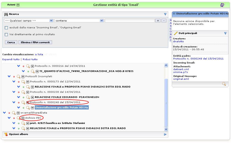 Tramite la visualizzazione in forma gerarchica è dunque subito evidente quale uso è stato fatto delle PEC archiviate/protocollate.