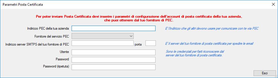 Si aprirà quindi una finestra nella quale dovrai inserire le informazioni relative alla PEC Dopo