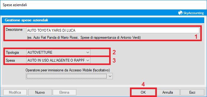 Dopo aver cliccato sul tasto "Nuovo" si aprirà un'altra finestra contenente le informazioni della spesa aziendale da aggiungere all'elenco. 1. Inserisci una descrizione per la nuova spesa aziendale 2.